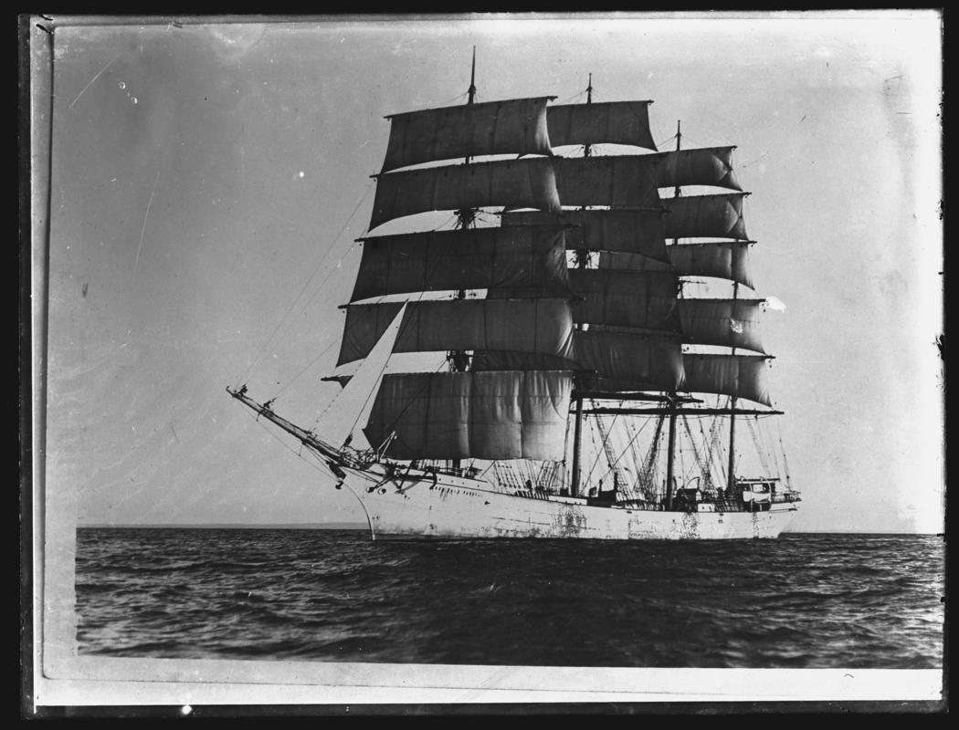3/4 Port bow view of the four-masted barque ARCHIBALD RUSSELL, c.1936.