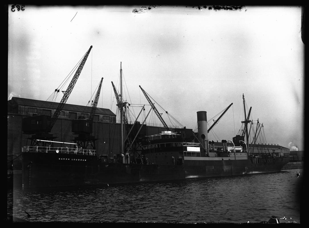 Port broadside view of S.S. BARON LOUDOUN at Cardiff Docks, c.1936.