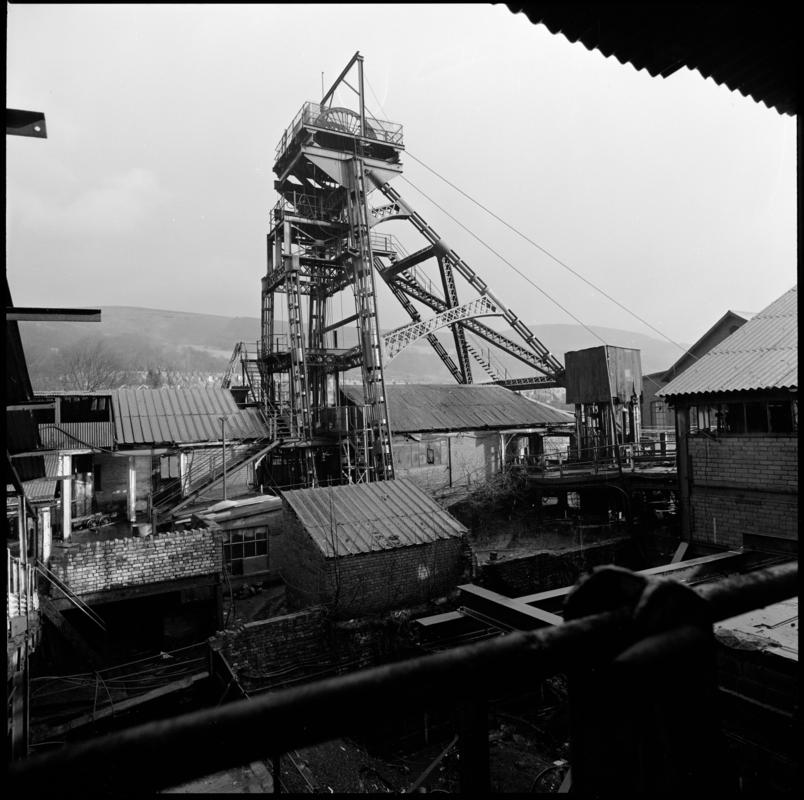 Black and white film negative of a photograph showing the downcast shaft, Deep Duffryn Colliery.  &#039;Deep Duffryn&#039; is transcribed from original negative bag.  Appears to be identical to 2009.3/2531.
