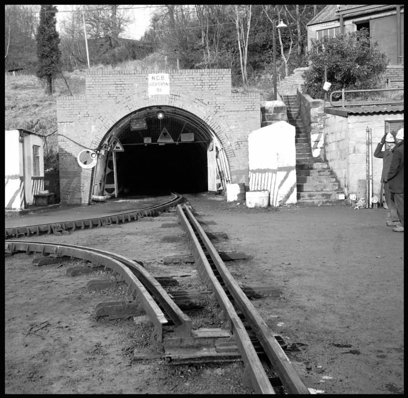 Black and white film negative showing the entrance of the drift mine, Aberpergwm 1978.