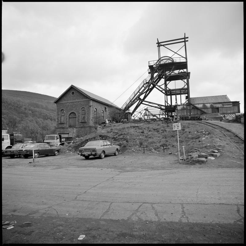 Black and white film negative showing a surface view of Deep Navigation Colliery 1980.  &#039;Deep Duffryn and Deep Navigation 1980&#039; is transcribed from original negative bag.