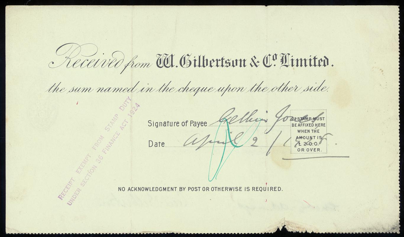 W. Gilbertson &amp; Co. Limited cheque (reverse)