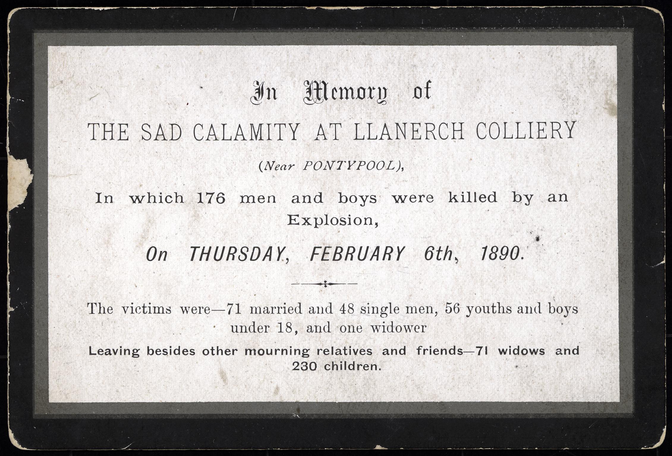 Llanerch Colliery explosion 1890, memorial card