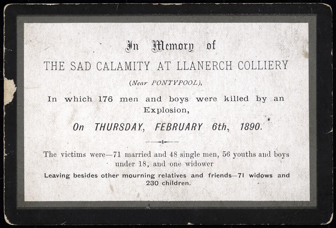 Memorial Card : Llanerch Colliery disaster (face only)