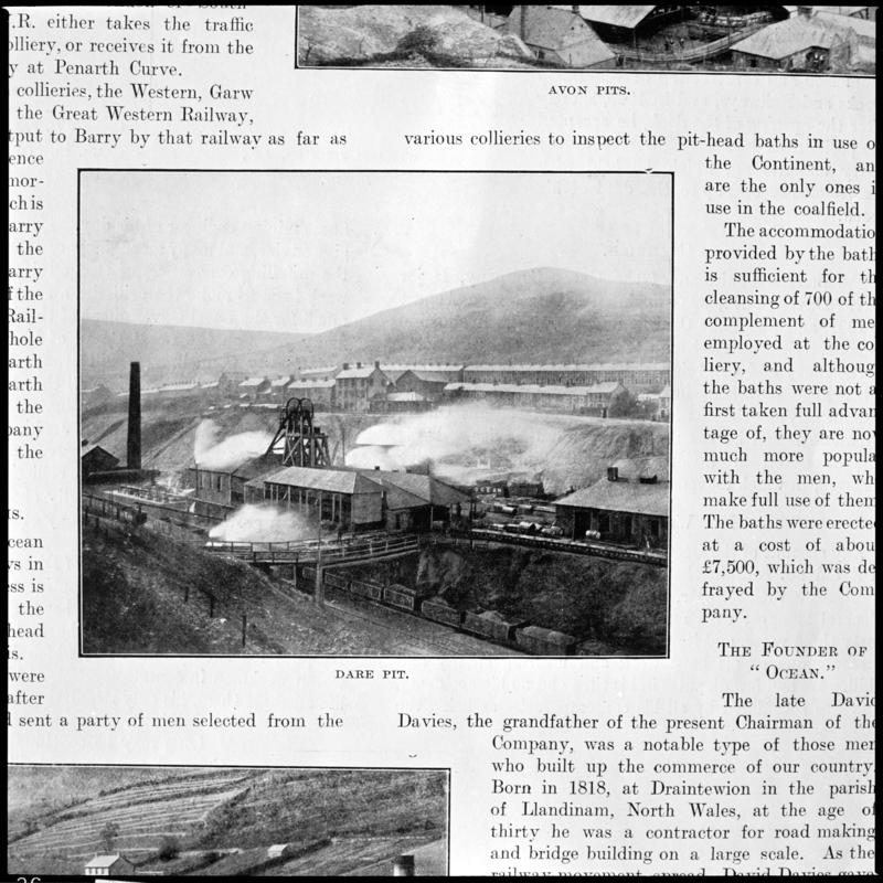 Black and white film negative showing a general surface view of Dare Colliery, photographed from a publication.  &#039;Dare Colliery&#039; is transcribed from original negative bag.