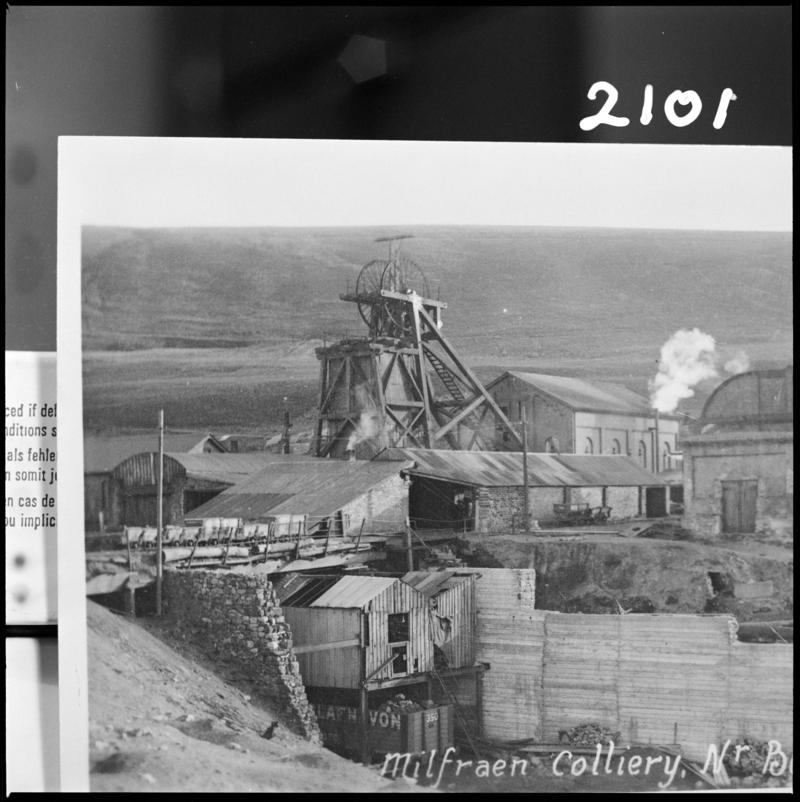 Black and white film negative of a photograph showing a general view of Milfaen Colliery, near Blaenavon.  &#039;Milfraen&#039; is transcribed from original negative bag.