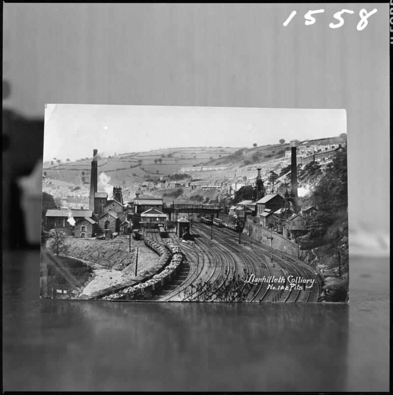 Black and white film negative of a postcard? showing view of the No 1 &amp; 2 Pits, Llanhilleth Colliery.  Bottom of postcard reads &#039;Llanhilleth Colliery, No. 1 &amp; 2 Pits&#039;.    &#039;Llanhilleth&#039; is transcribed from original negative bag.