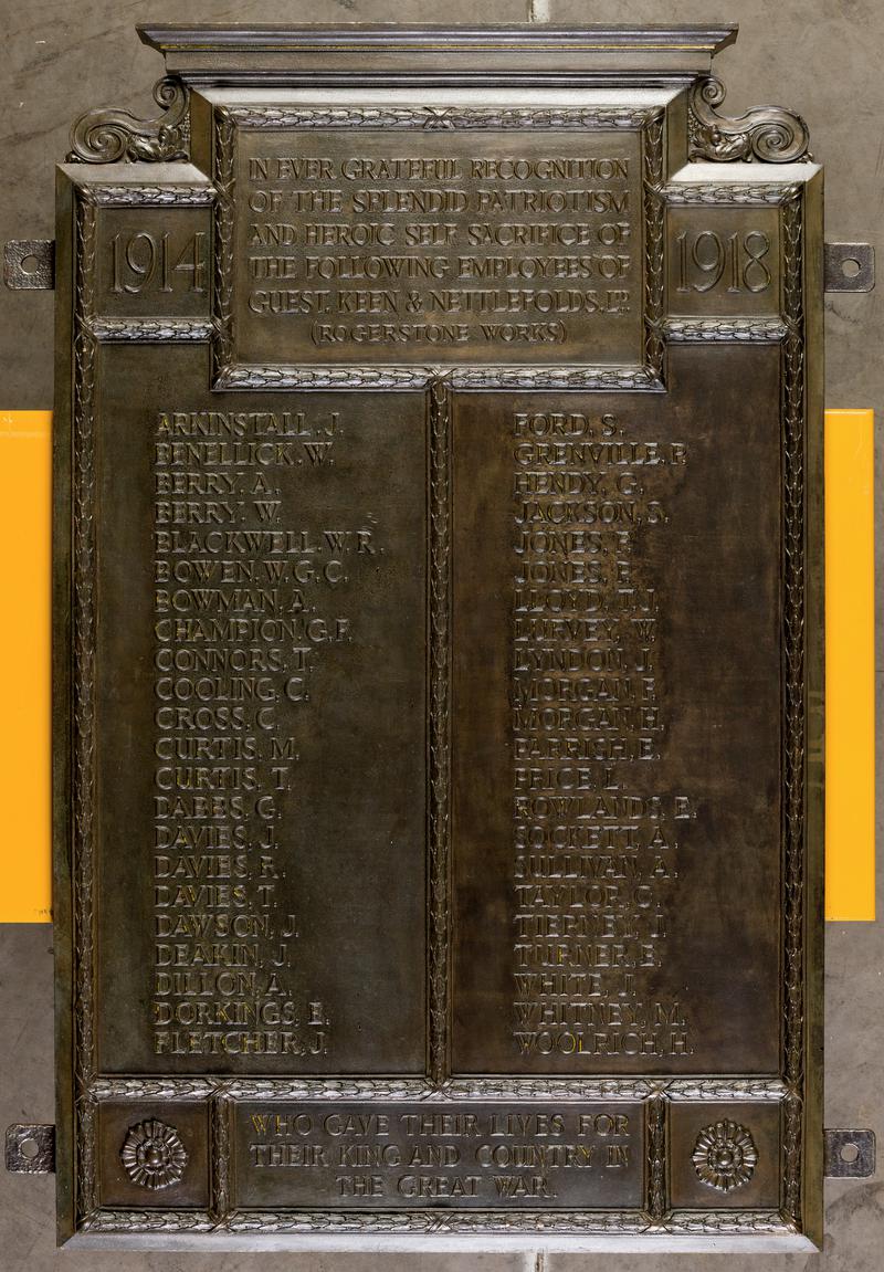 G.K.N. Ltd. (Rogerstone Works), memorial plaque, 1914-1918