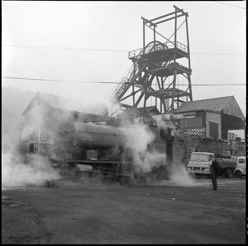 Black and white film negative showing a locomotive at Nixon&#039;s Navigation Colliery.