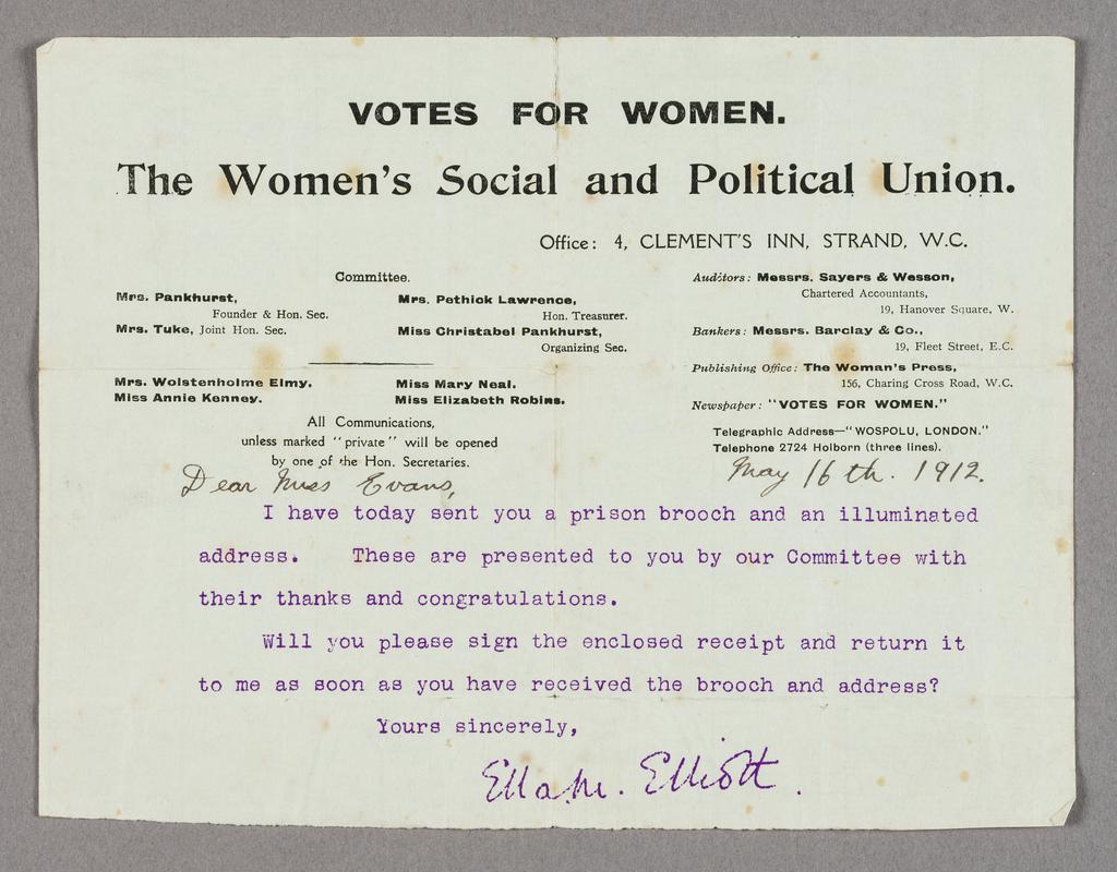 Letter to accompany illuminated address awarded to Kate Williams Evans by Women&#039;s Social and Political Union on May 16th 1912