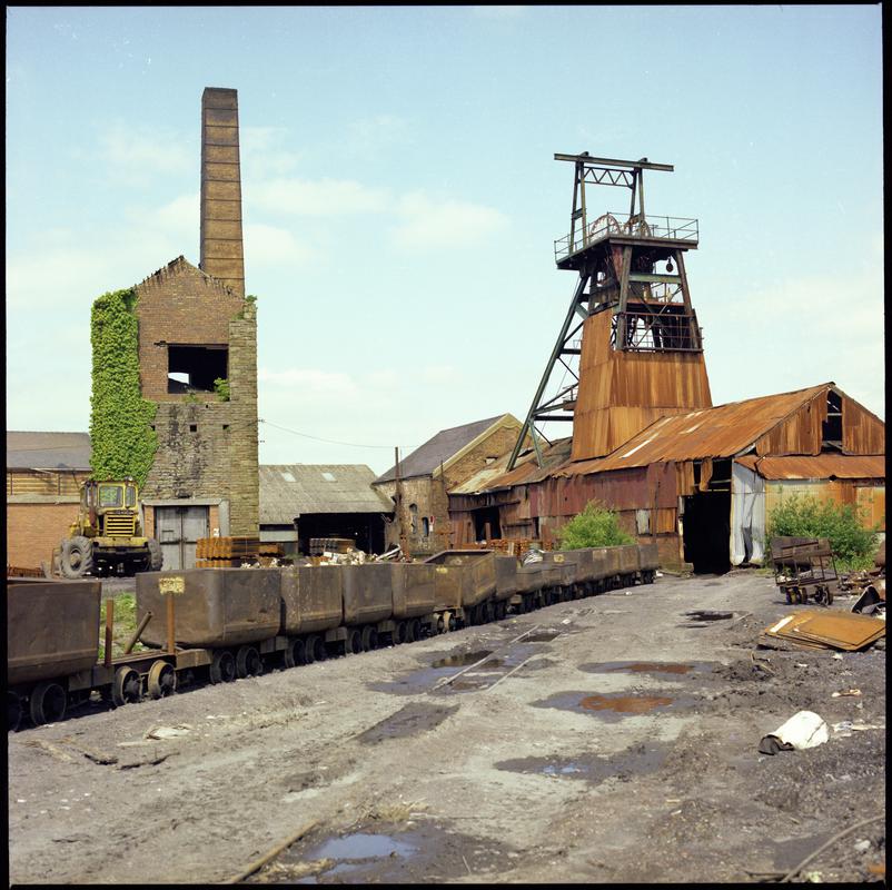 Colour film negative showing the derelict pumping engine house which contained a beam pump, Morlais Colliery. &#039;Morlais&#039; is transcribed from original negative bag.  Appears to be identical to 2009.3/2189.