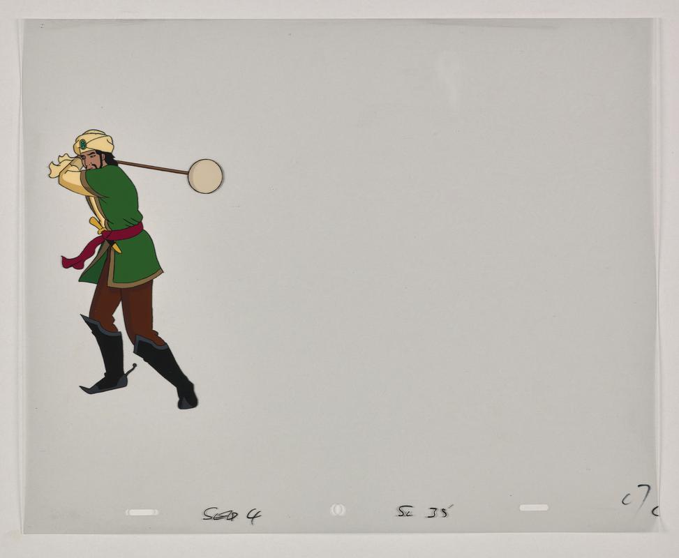 Turandot animation production artwork showing the character Calaf holding a mallet. Appears to be made from initial sketch 2019.5/180 and used with 2019.5/125.