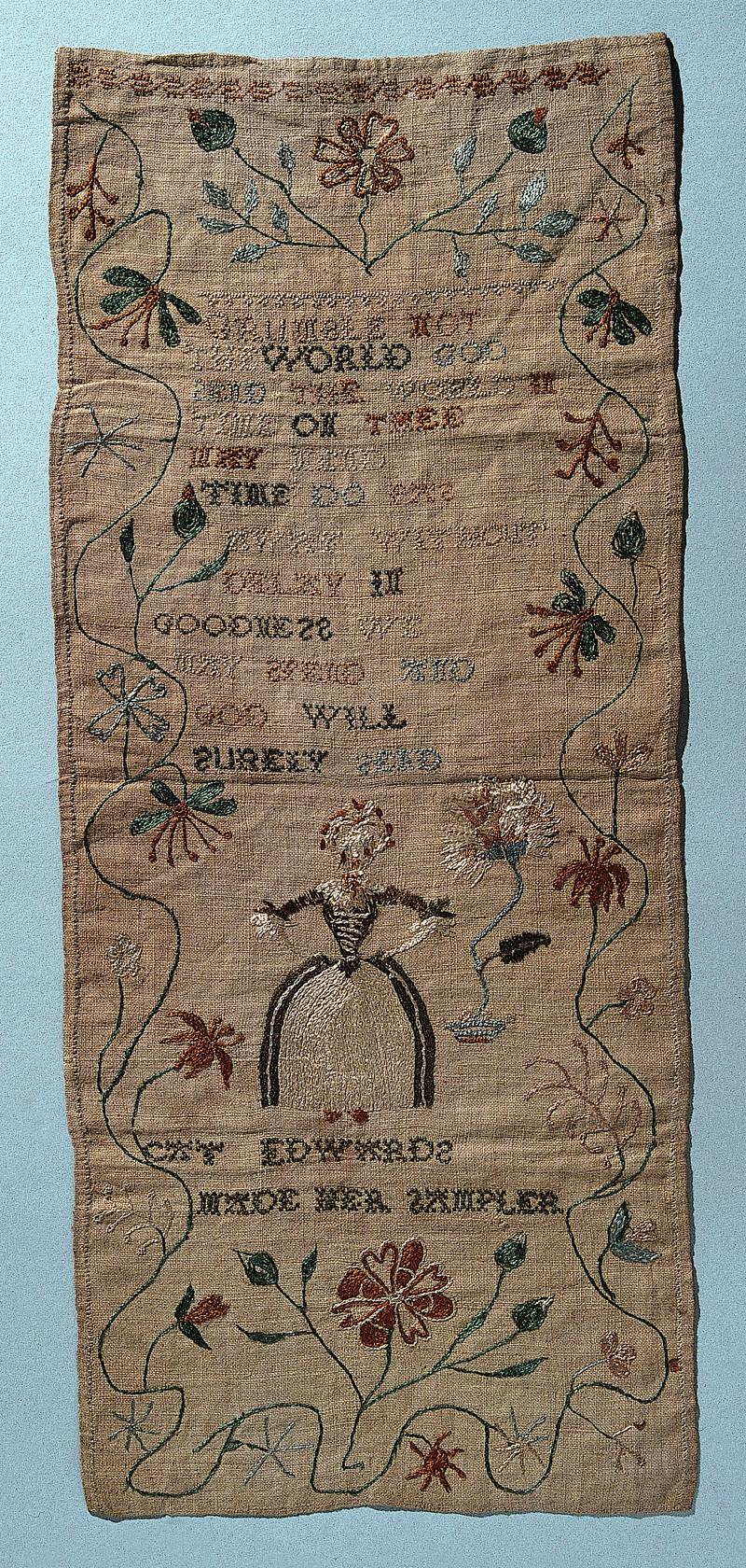 Sampler (verse, motifs &amp;, pictorial), made in Carmarthenshire