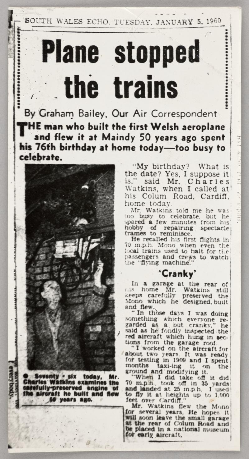 Photograph of a newspaper cutting from the South Wales Echo, Tuesday January 5, 1960. General article on history published day of C.H. Watkins&#039; 76th birthday.