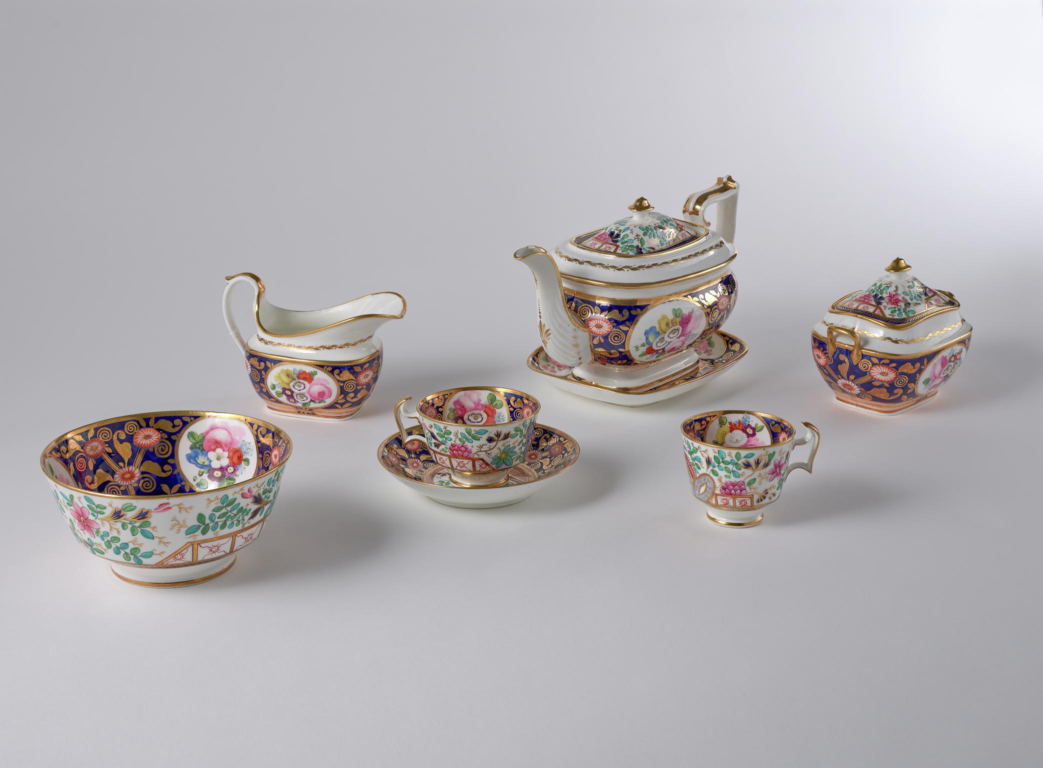 pieces from a tea service, 1816-c1825 (teapot stand, teapot, sucrier, cream jug, slop bowl, tea cup &amp; saucer, coffee cup)