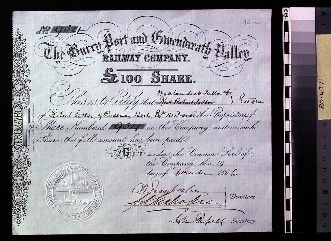 Burry Port &amp; &#039;Gwendreath&#039; Valley Railway Co. share certificate