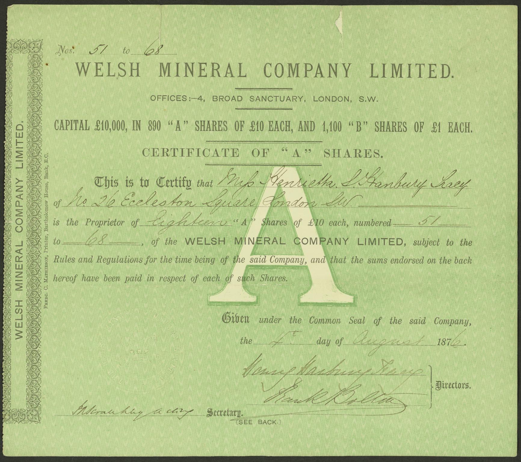 Welsh Mineral Co. Ltd., share certificate