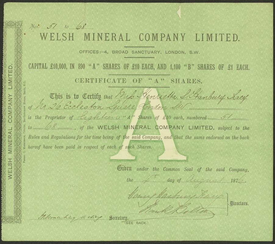 Share certificate Welsh Mineral Co Ltd. (front)