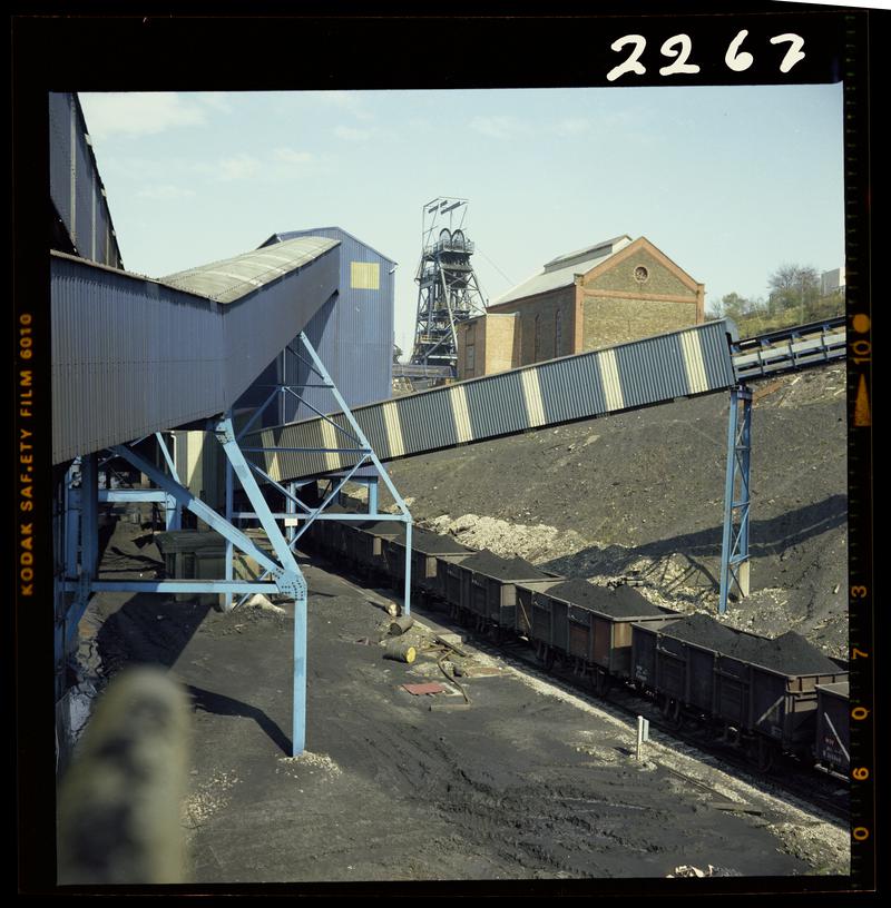 Colour film negative showing a surface view of Oakdale Colliery, 16 April 1981.  &#039;Oakdale 16/4/81&#039; is transcribed from original negative bag.