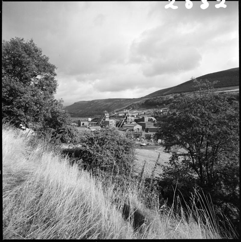 Black and white film negative showing a view towards Merthyr Vale Colliery, 21 September 1981.  &#039;Merthyr Vale 21 Sep 1981&#039; is transcribed from original negative bag.