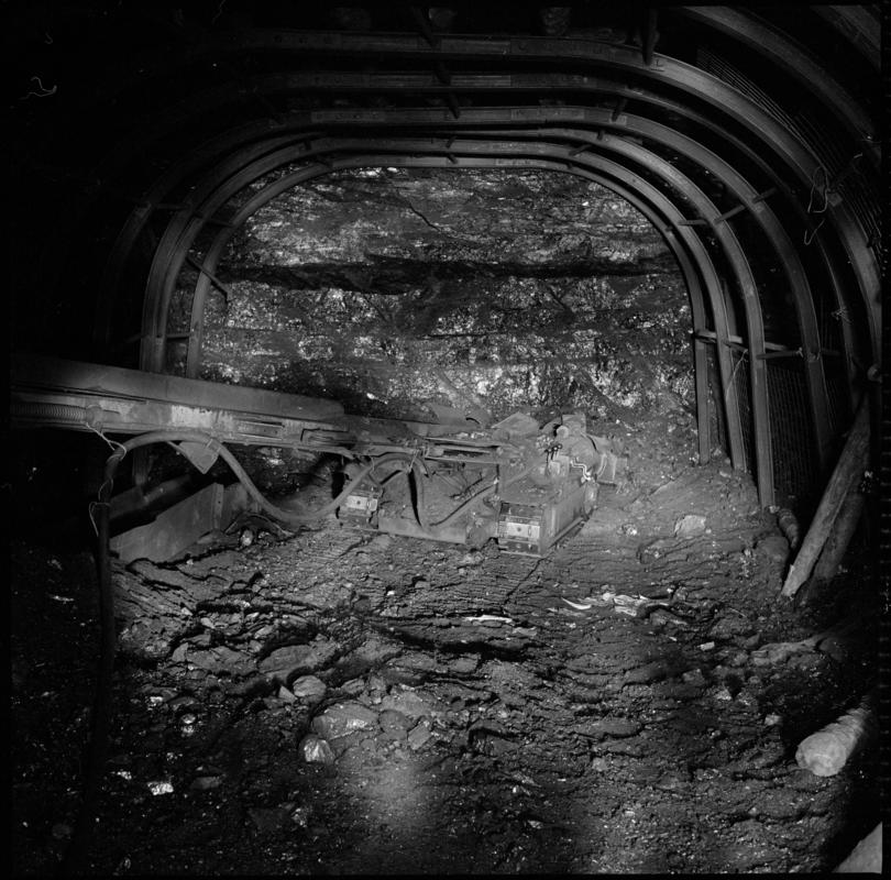 Black and white film negative showing a joy loader underground at Cwmgwili Colliery.  &#039;Cwmgwili&#039; is transcribed from original negative bag.