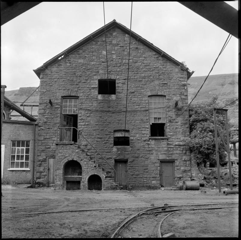Black and white film negative showing Fernhill Colliery engine house for the Leigh winding engine, 11 July 1976. &#039;Fernhill 11 July 1976&#039; is transcribed from original negative bag.