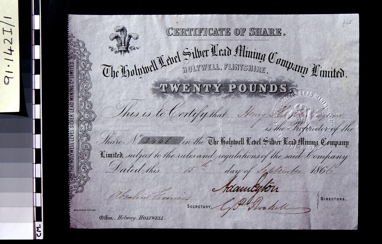 Holywell Level Silver Lead Mining Co. Ltd., share certificate