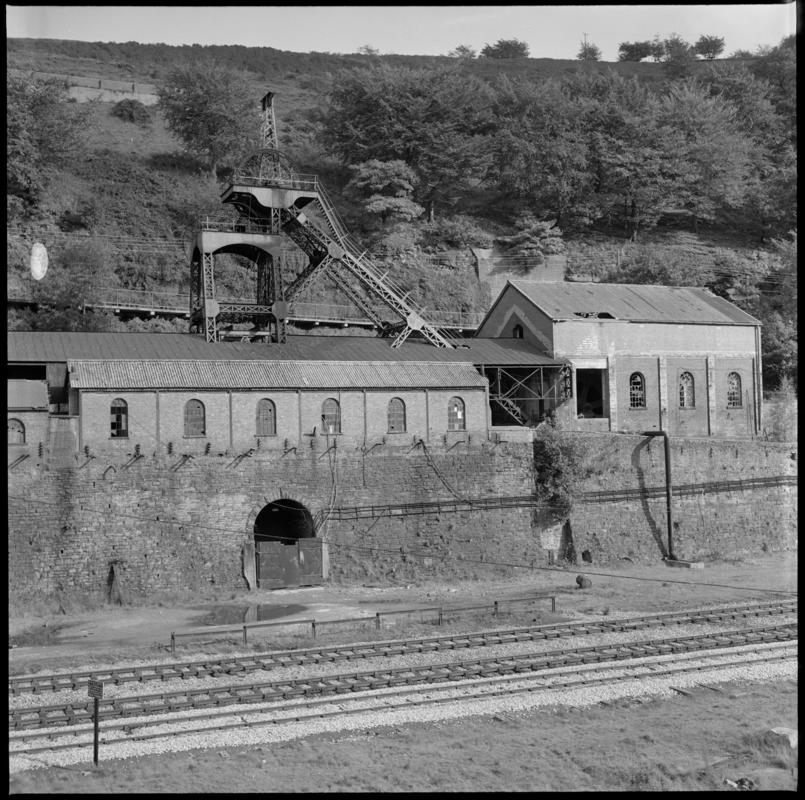 Black and white film negative showing the No.2. shaft, Llanhilleth Colliery, October 1975.  &#039;Llanhilleth Oct 1975&#039; is transcribed from original negative bag.