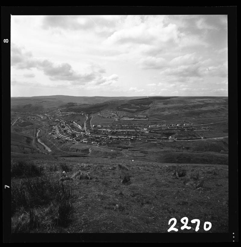Black and white film negative showing a landscape view towards Maerdy.