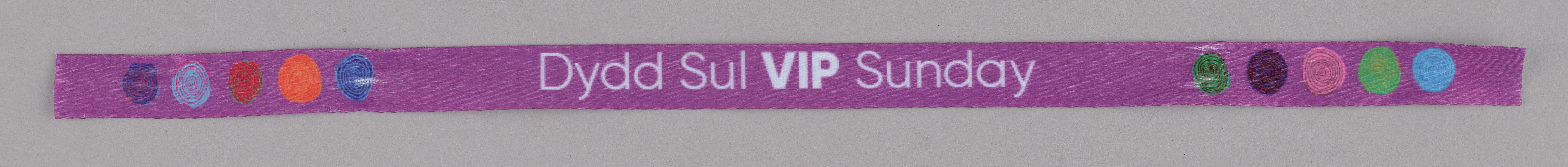 Wristband &#039;Dydd Sul VIP Sunday&#039;. Used for access to VIP area at Pride Cymru, Cardiff, Sunday 27 August 2022.