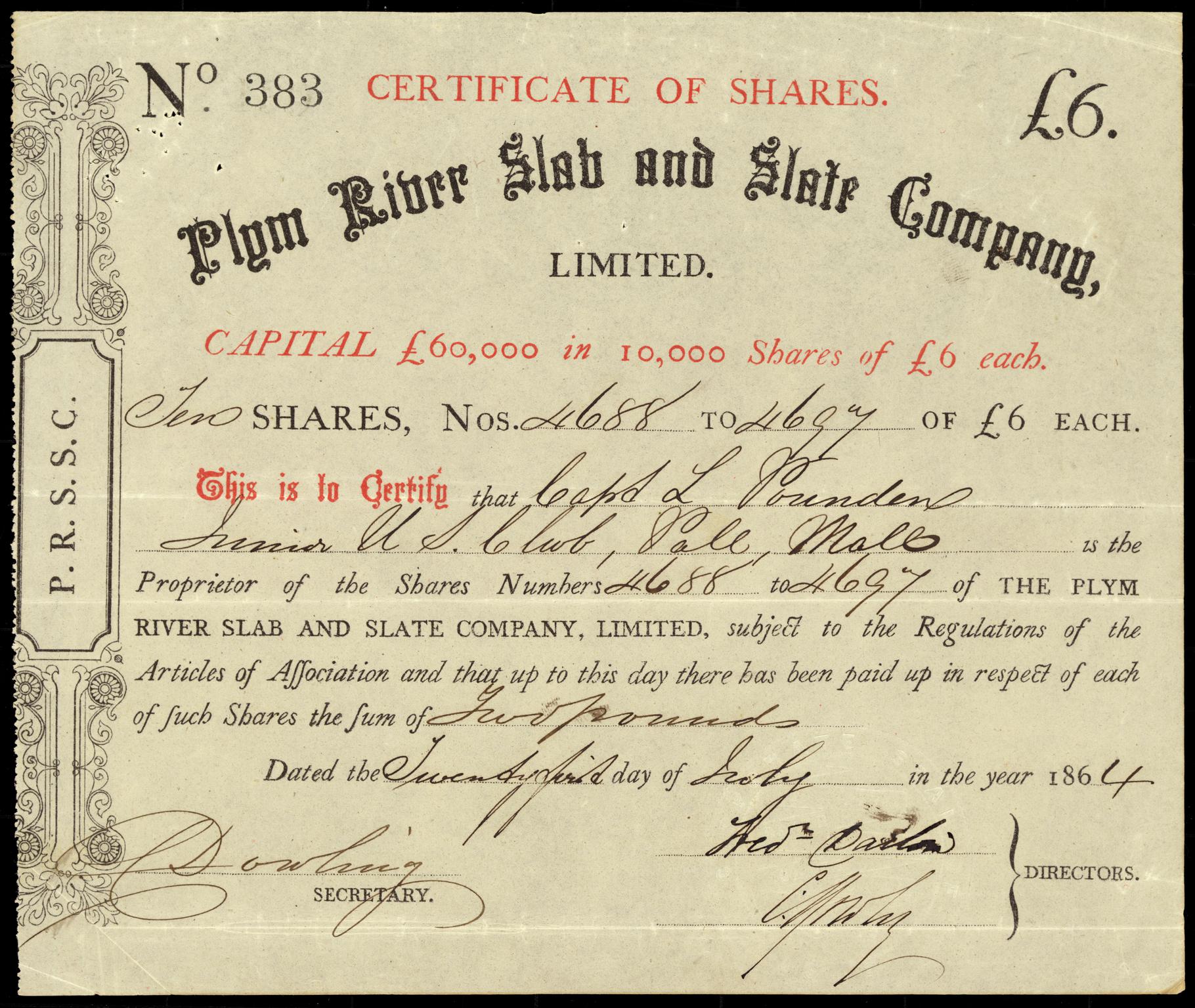 Plym River Slab and Slate Co. Ltd, share certificate