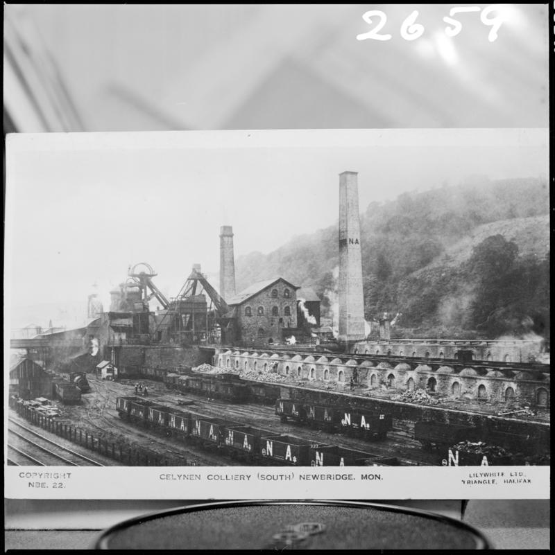 Black and white film negative of a photograph showing a surface view of Celynen South Colliery.  &#039;South Celynen&#039; is transcribed from original negative bag.