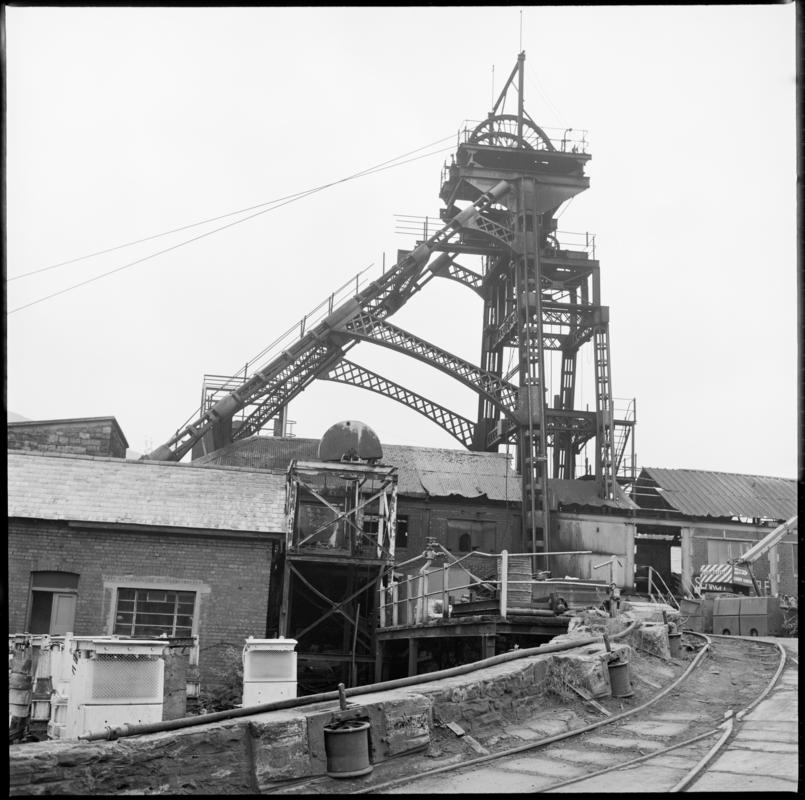 Black and white film negative showing a view of the headframe, Deep Duffryn Colliery 1974. &#039;Deep Duffryn 1974&#039; is transcribed from original negative bag.