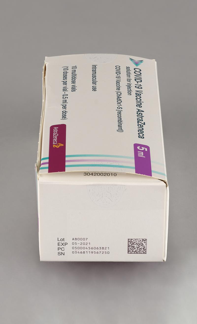 Card box, with card insert, containing ten empty &#039;COVID-19 Vaccine AstraZeneca&#039; vials.