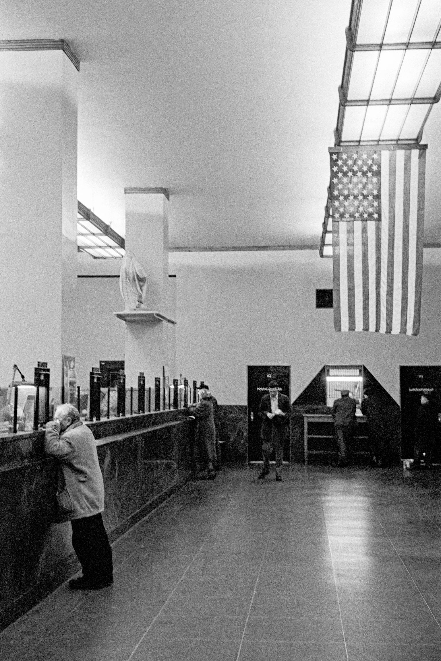 Interior of bank and the American flag. Manhattan, New York USA