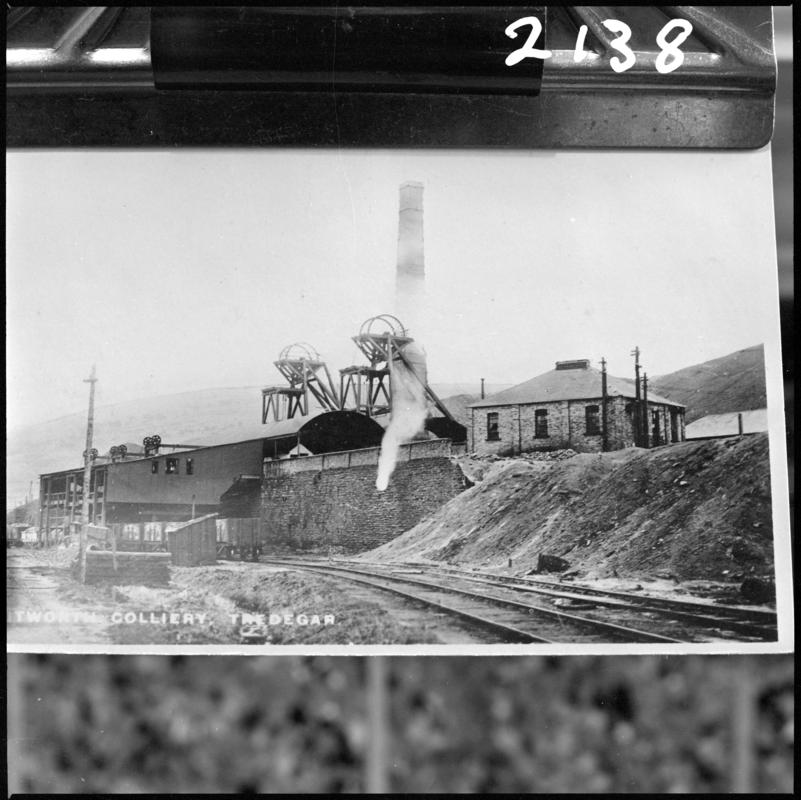 Black and white film negative of a photograph showing a general surface view of Whitworth Colliery, Tredegar.  &#039;Whitworth&#039; is transcribed from original negative bag.