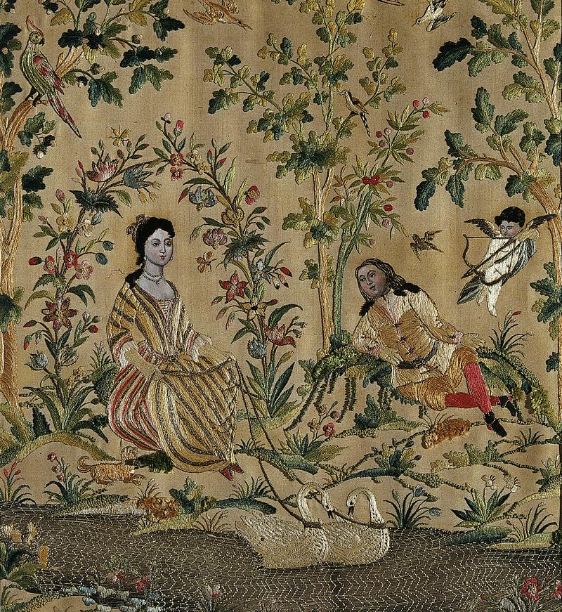 Painted and silk embroidered picture, Tregroes, c. 1710