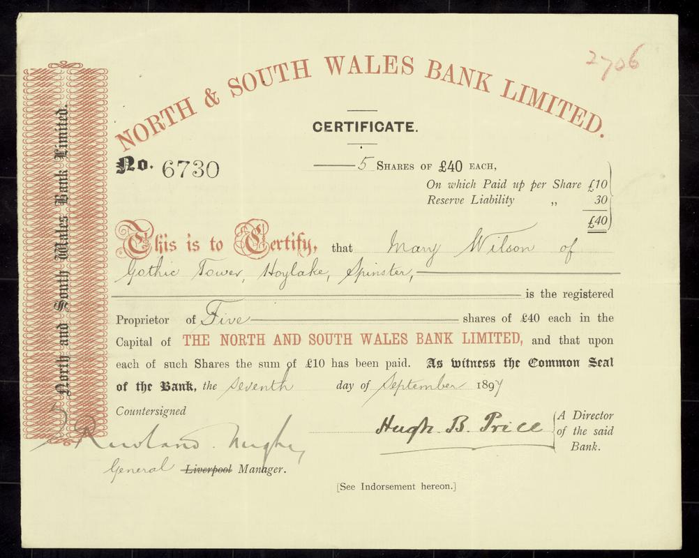 North &amp; South Wales Bank Limited, £40 share (front)