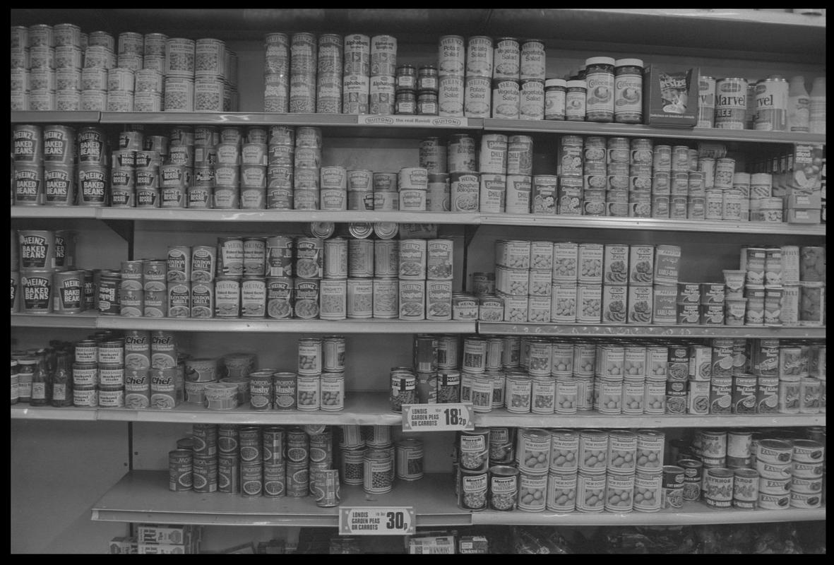 Shelves in supermarket, Loudoun Square, Butetown.