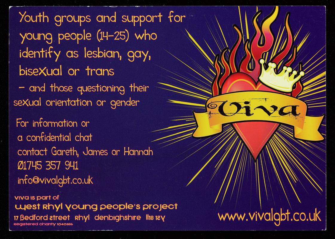 Bilingual flyer handed out by Viva LGBT, a group that provides support for young people (14-25) who identify as lesbian, gay, bisexual or trans - and those questioning their sexual orientation or gender.