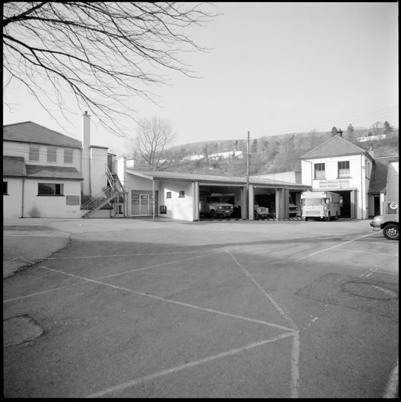 Black and white film negative showing Dinas Mines Rescue Station.