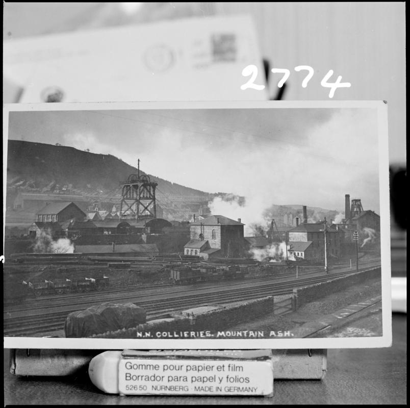 Film negative of a photograph showing a surface view of Nixon&#039;s Navigation Colliery, Mountain Ash c.1910.  &#039;Nixon&#039;s Navigation&#039; is transcribed from original negative bag.
