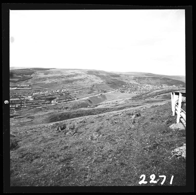 Black and white film negative showing a landscape view towards Maerdy.