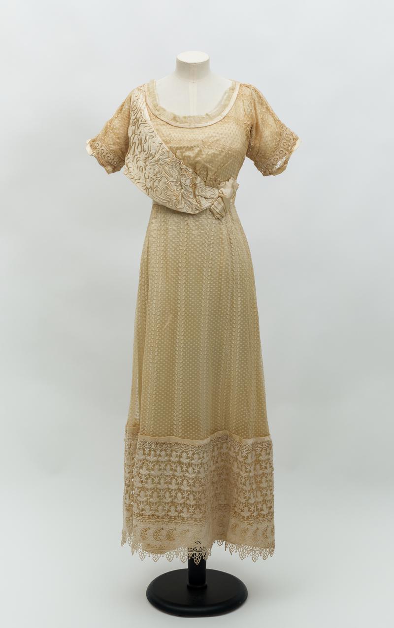 Silk evening dress worn by Mrs Thomas Hillier  at the Monmouthshire Volunteer Regiment victory ball, held in the Drill Hall, Stow Hill, Newport on 22 January 1919.