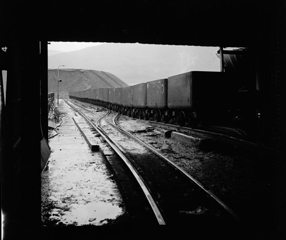 Black and white film negative showing drams on the surface, Aberpergwm Colliery 1978.  &#039;Aberpergwm 1978&#039; is transcribed from original negative bag.