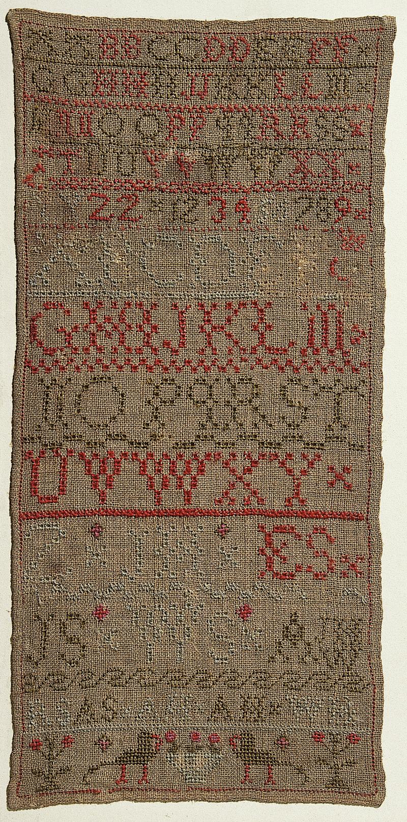 Sampler (alphabet &amp; motifs), made in England, c. 1840