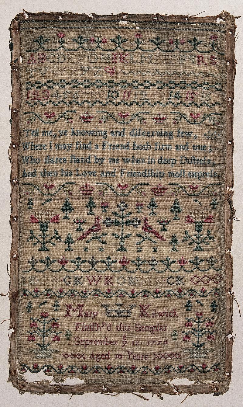 Sampler (verse, motifs &amp; alphabet), made in England, 1774