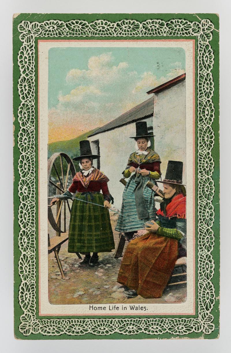 3 Welsh ladies, 1 knitting the other 2 working spinning wheel.  Inscribed:  &#039;Home life in Wales&#039;.