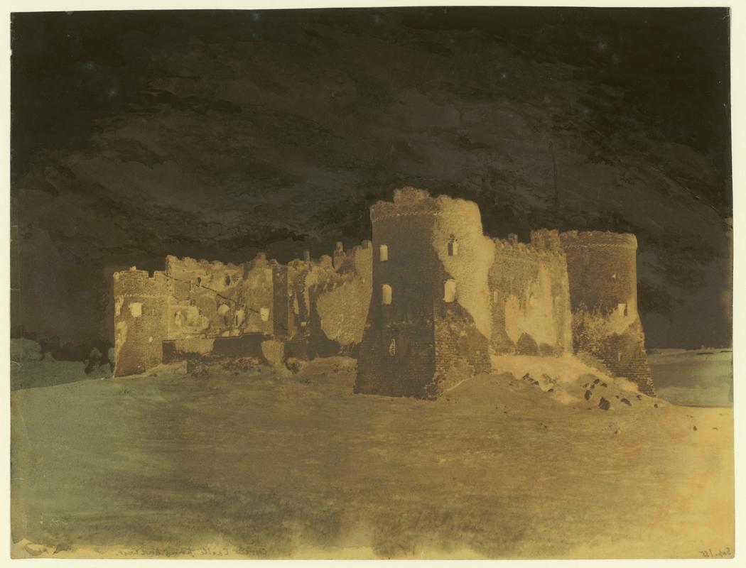 Wax paper calotype negative. Carew Castle from North West