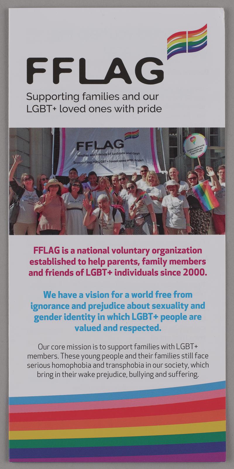 FFLAG leaflet &#039;FFLAG Supporting families and our LGBT+ loved ones with pride&#039;.